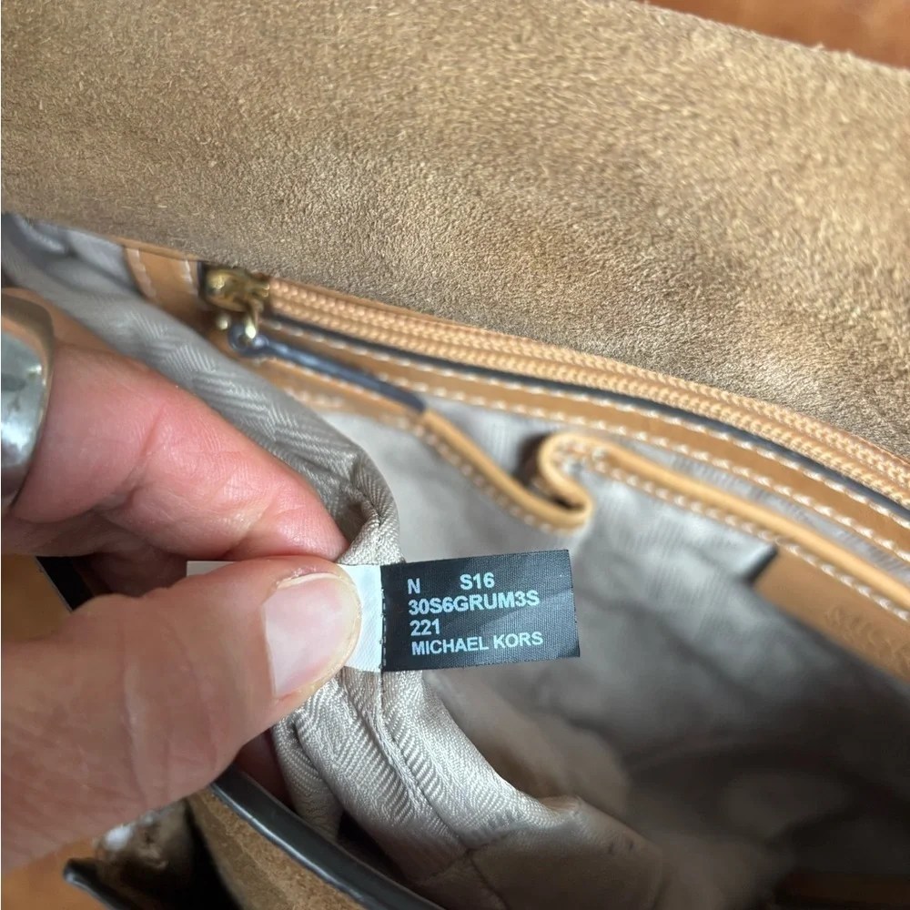 Michael Kors Romy Medium Suede Satchel Crossbody Bag Taupe Tan Leather